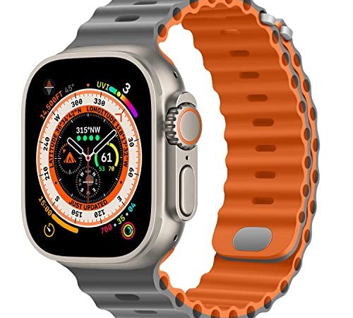 HITZEE Compatible con Cinturino Apple Watch 49mm 45mm 44mm 42mm, Cinturini in Silicone Morbido Loop con Fibbia Compatible per Apple Watch Ultra Serie 8 7 SE 6 5 4 3 2 1, Grigio Arancio