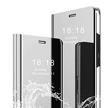 MLOTECH Compatibile Cover Xiaomi Mi 8 Lite,Custodia + Vetro temperato Flip Traslucido Clear View Specchio Standing Cover Anti Shock Placcatura Custodia Protezione Argento