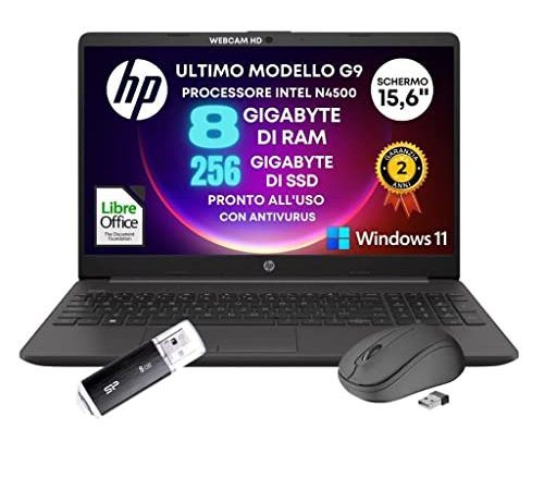 Notebook HP G9, Computer Portatile, Intel n4500 fino a 2,8 ghz, Display Hd da 15,6" Ram 8gb DDR4, SSD 256 Gb, Wifi, Webcam, Bt, Win11 Pro, Libre Office, Garanzia 2 anni PRONTO ALL'USO - USB E MOUSE