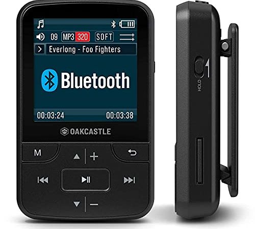 OAKCASTLE MP200 Lettore musicale MP3 da 16GB | Lettore audiolibri portatile con funzione Bluetooth e cuffie | Radio FM | Scheda di memoria Micro SD