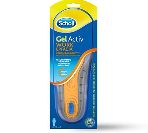 Scholl Solette Gel Activ Work, Solette da Lavoro per Uomo, Con Teconologia Antiodore, Azione Ammortizzante e Anti Urti, Taglia 40-46.5, Confezione da 1 Paio, Colori Assortiti