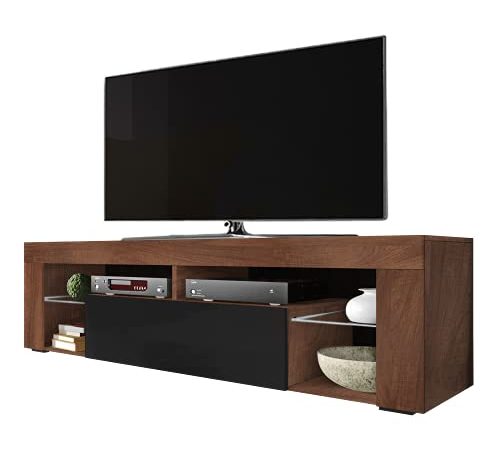 Selsey HUGO - Mobile TV/Tavolino TV/Ripiani in Vetro / 140cm / Colore Noce con Nero Lucido