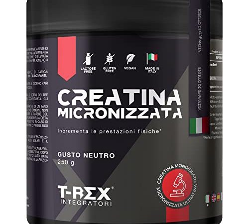 T-Rex Integratori Creatina Micronizzata Monoidrata - Integratore alimentare per massa muscolare e boost energetico pre workout (Polvere, 250 g (Confezione da 1))