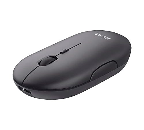 Trust Puck Mouse Wireless Ricaricabile, Bluetooth o 2.4 GHz con Mini Ricevitore USB, Silenzioso, Pulsante DPI, Mouse Bluetooth Ergonomico ‎Senza Fili per PC, Macbook, Mac, Computer, iPad - Nero