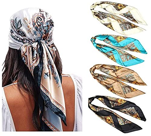 WELROG 4 Pack Foulard Capelli Donna - 90 * 90 cm bandane Sciarpa Quadrata Grande Sciarpa Di Seta Sciarpa Antimacchia Copricapo con sciarpa al collo （Imposta 3）