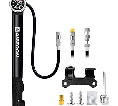 AMZOON Pompa Bicicletta Pompa per Bici con Manometro Tubo di Prolunga Mini Pompetta Bicicletta Portatile Adattatore Presta Schrader per MTB BMX Palloni Gonfiatore Accessori Bici