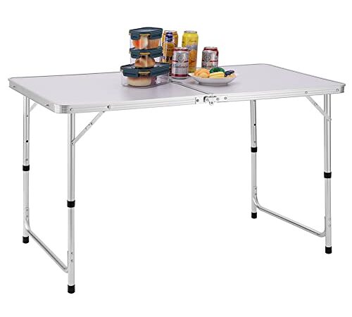 BAKAJI Tavolo da Campeggio Picnic con Altezza Regolabile, Struttura in Alluminio, Sistema Pieghevole con Maniglia per Trasporto Facilitato, Ideale per Giardino e Pranzi Esterni, 60x120x70cm (Bianco)