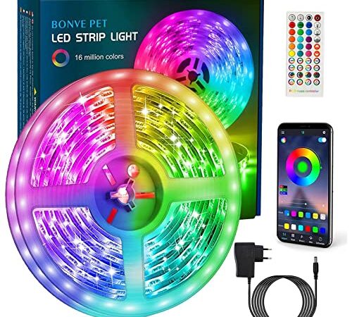 Bonve Pet Striscia Led, Led Striscia 6 Metri, Luci Led rgb 5050, Controllo App e Telecomando IR, Luci Led camera da letto,Strisce led Musicale,Strisce Led adesive per Decorazioni Cucina TV Festa Bar