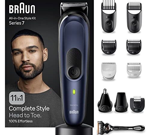 Braun Regolabarba Tagliacapelli Uomo Rasoio Elettrico Barba, 11-in-1 Styling Kit Ideale Per Barba, Capelli, Corpo, Naso e Orecchie, Con Base Di Ricarica, 100 Minuti Di Utilizzo Senza Fili, MGK7450