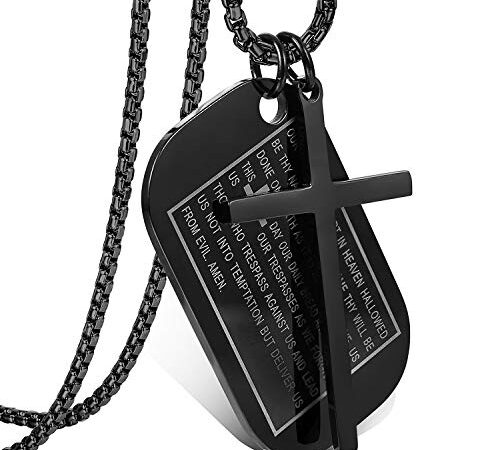 Cupimatch Collana Dog Tag Catena Acciaio Inossidabile Pendente Ciondolo Croce Bibbia(Inglese) Uomo Nero