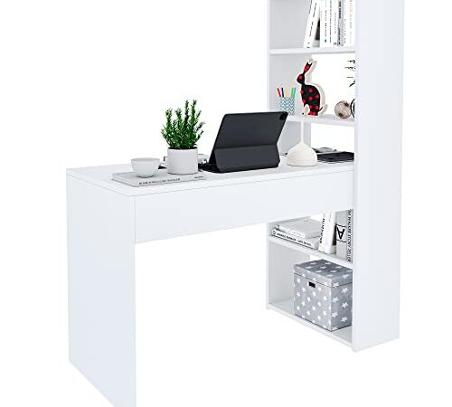 EGLEMTEK Scrivania con Libreria Reversibile Kirkensen Scrittoio Scaffali Laterali Mobile Desk da Ufficio Soggiorno Sala da Pranzo 120 x 144 x 53 cm Colore Bianco