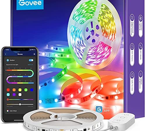 Govee Striscia LED RGBIC 5 Metri, Strisce Bluetooth Dimmerabile, Luci LED Colorati Controllo App, 64 Scene Sincronizza Musica per DIY Casa Soggiorno Cucina Feste Gaming Decorazione