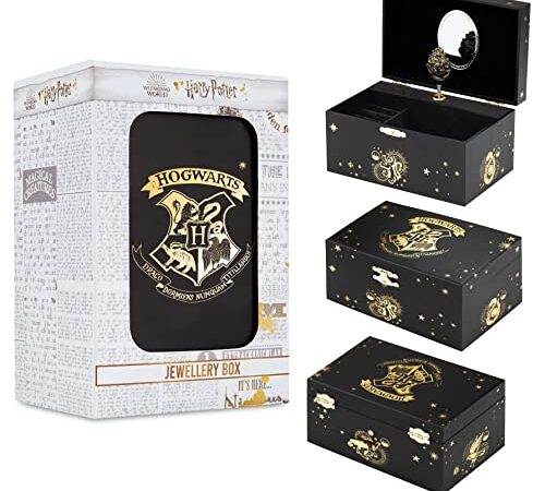 HARRY POTTER Portagioie Musicale per Bambina Carillon Con Stemma di Hogwarts Rotante e Specchio Gadget Originali