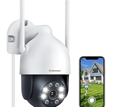 Jennov 2K Telecamera WiFi Esterno, 3MP PTZ Telecamera di Sorveglianza Senza Fili, IP Cam 360 Gradi con Visione Notturna a Colori, Rilevamento del Movimento, Audio Bidirezionale, Compatibile con Alexa