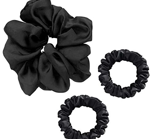 JeoPoom Elastico per Capelli in Vera Seta[3 Pezzi], 2 Small Bande Elastiche per Capelli + 1 Grande Anello per Capelli, Scrunchie, Fascia a Coda di Cavallo per Donna & Ragazza (Nero)