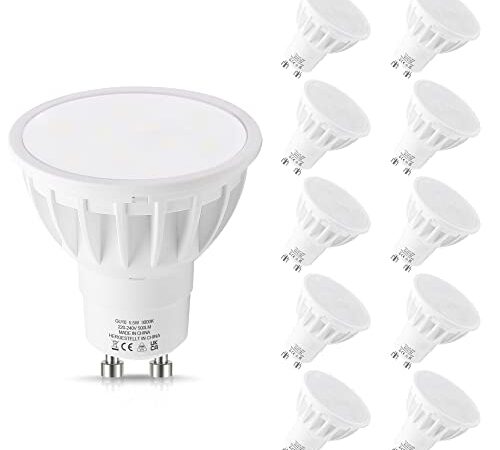 Lampadine LED GU10, LEHASI 5.5W Lampada LED Equivalenti 50W, 3000K Luce Bianca Calda, 500LM, Angolo del Fascio di 120 Gradi, Non Dimmerabile, Spotlight LED per Soggiorno, Camere da Letto, Pacco da 10