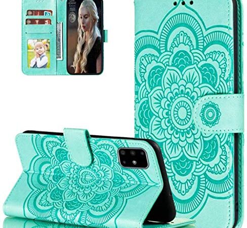 LEMAXELERS Custodia Mi Poco M3 / Redmi 9T Cover Portafoglio,Mi Poco M3 Custodia Fiore di Mandala Rilievo Wallet Shock-Absorption Magnetica Supporto Leather Flip Cover,LD Mandala Green