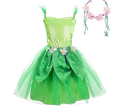 Lito Angels Trilli Tinkerbell Costume per Bambina, Vestito Fata Verde con Corona di Fiori, Taglia 2-4 anni, M