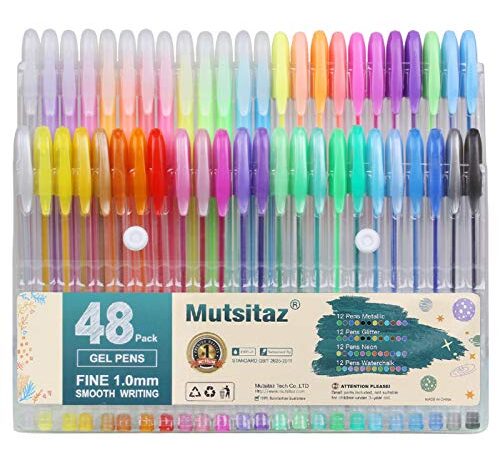 Mutsitaz Set di 48 Glitterate Penne Gel Colorate per per Scrittura,Colorare o Manga, Disegnare (12 Metallico + 12 Glitterato + 12 Neon + 12 Pastello)