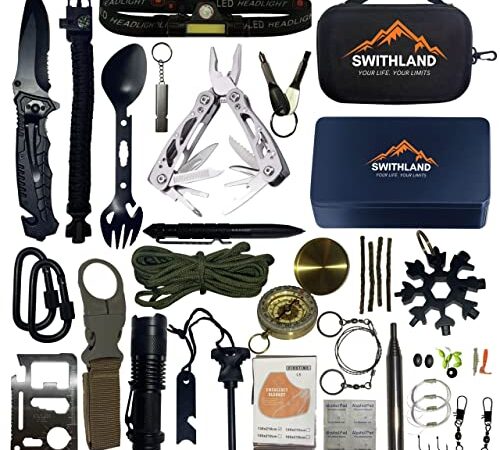 SWITHLAND | Kit Sopravvivenza 22 In 1 - Kit Sopravvivenza Militare Professionale - Kit Campeggio professionale - Survival Kit - Montagna e Outdoor - Attrezzatura da campeggio con Scatola di Metallo .