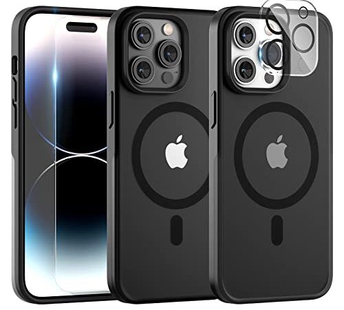 TAURI [5 in 1 Magnetica Cover per iPhone 14 Pro con 2 Pellicola Vetro Temperato + 2 Pellicola Fotocamera, [Compatibile con MagSafe] Sottile Anti Ingiallimento -Nero