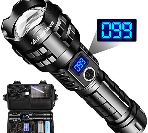 Torcia LED Ricaricabile, Torcia LED Potente Professionale, Torce LED Alta Potenza 15000 Lumen XHP70.2, Torcia Tattica Militare, IPX5 Impermeabile flashlight Con 5 modalità