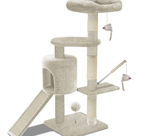 VOUNOT Tiragraffi per Gatti, Albero Tiragraffi Gatto di Naturali Sisal con Cuccia Graffiatoio, 115cm, Beige