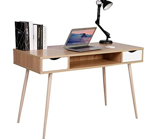 WOLTU TSG19hei Scrivania Moderna per Computer Scrivania con 2 Cassetti in Legno Tavolo Porta PC da Ufficio Studio Camera da Letto Legno+Bianco