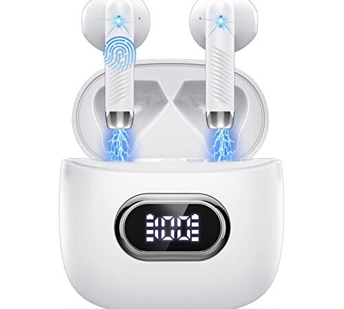 Cuffie Bluetooth 5.3, Auricolari Bluetooth Sport con HD Mic Stereo, Cuffie Wireless In Ear Mini Cuffie Senza Fili IP7 Impermeabili, Cuffiette Bluetooth LED Display/Ricarica Rápida/USB-C 42H Bianco