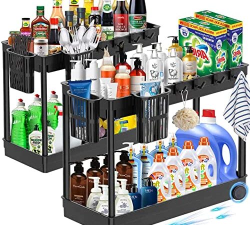 McNory 2 pezzi Organizer Sottolavello Cucina,Organizzatore sotto il lavandino a 2 livelli con 4 Ganci e 2 Tazza appesa porta detersivi sottolavello ripiani cucina salvaspazio Cucina Bagno Cosmetici