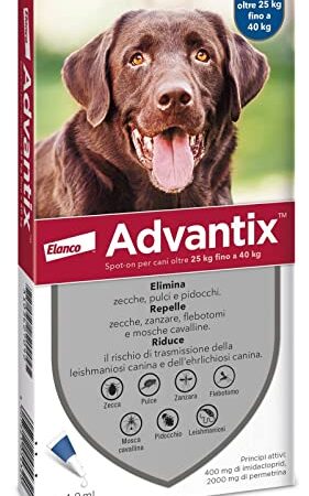 Advantix® Spot-on antiparassitario per Cani da 25 kg a 40 Kg, 6 pipette da 4 ml. Elimina zecche, pulci, pidocchi e larve di pulce in casa. Protegge da zanzare, pappataci e rischio di leishmaniosi.