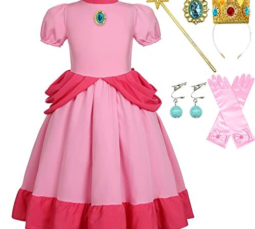 Coseaon Peach Principessa Cosplay Costume Bambina Peach Vestito Ragazza Abito Rosa Peach Costumi con Accessori Principessa Principessa Dress Bambini per Halloween Carnevale