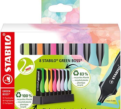 Evidenziatore Ecosostenibile - STABILO GREEN BOSS Pastel Desk-Set - 8 Colori assortiti 4 Neon + 4 Pastel