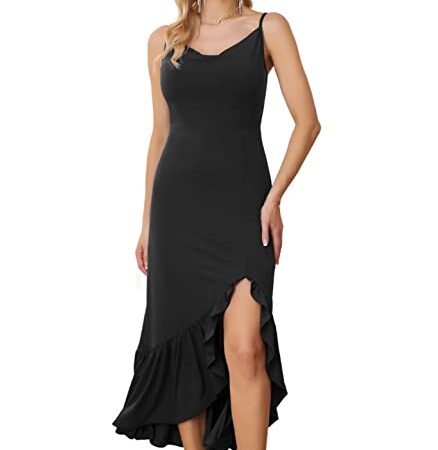 GRACE KARIN Vestito Donna Elegante Abito Donna Spalline Sottili Orlo Spacco Irregolare Slim Elegante Abiti Partito Sexy Nero L