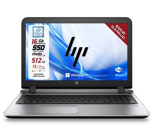 HP Probook, Pc Portatile Notebook intel core i5-6200U, Display HD da 15,6", Ram 16Gb, SSD 512 Gb, Pacchetto Office 2021, W11 Pro (Ricondizionato)