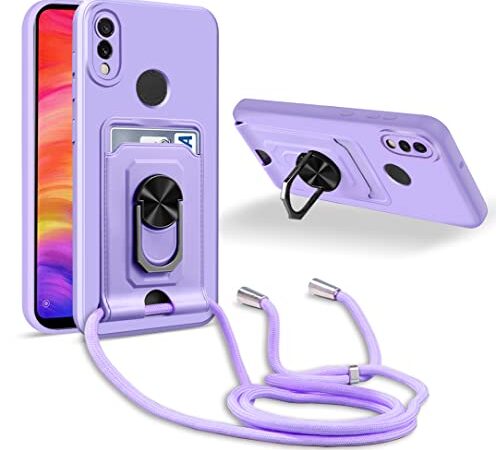 JMstore Cover Compatibile con Xiaomi Redmi Note 7 / Note 7 PRO, Cordino Silicone Cover, 360°Magnetica Anello Supporto + Porta Carte [Protezione Fotocamera] Case-Porpora