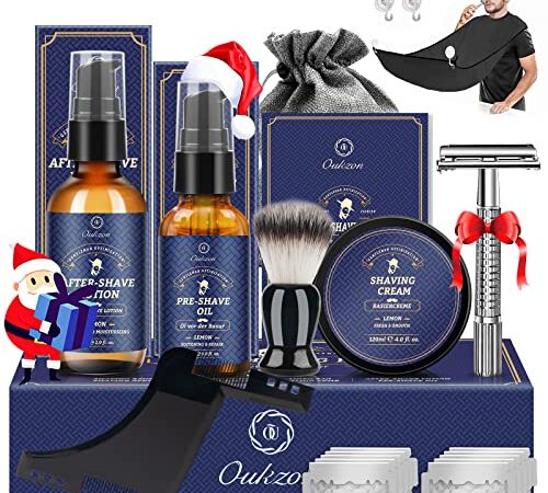 Kit Barba per Uomo, Set Regalo Cura Della Barba Completo Professionale per Lui Papà - Set Rasatura con Olio Barba, Schiuma, Dopobarba, Pennello da Barba, Rasoio Sicurezza, Lametta, Pettine e Grembiule