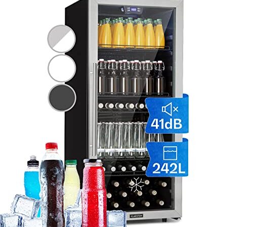 KLARSTEIN Mini Frigo da Camera per Birra, Frigo Portatile da Camera, Frigo Piccolo da Ufficio, Mini Frigo da Ufficio con Porta in Vetro, Mini Frigo Bar da Camera con Ripiani Rimovibili, 0-20°C, 242L