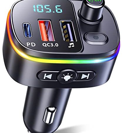 Mohard Trasmettitore FM Bluetooth Auto, QC3.0 & PD 18W USB C Adattatore Bluetooth Auto, 9 RGB Retroilluminati FM Transmitter Supporto Chiamate in Vivavoce, Siri Google Assistant, Chiavetta USB