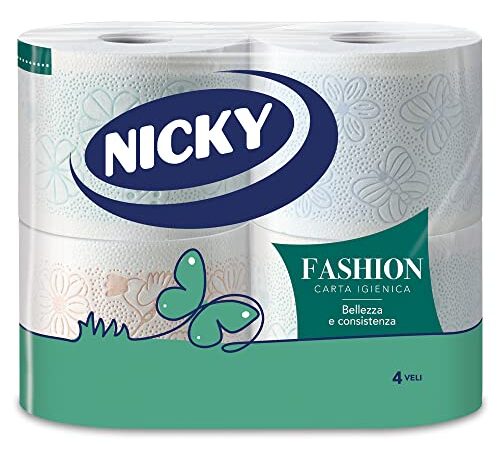 Nicky Fashion - 4 Rotoli di Carta Igienica, 165 Soffici Fogli a 4 Veli, 3 Diverse Texture e Colori, Delicato Profumo di Talco, Carta 100% Certificata FSC®