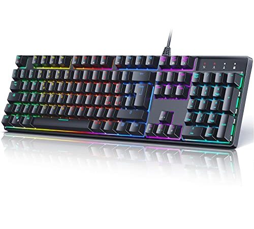 Tastiera Gaming Meccanica, QWERTY Layout Italiano, 105 Tasti Retroilluminati, Switches Blu Tastiera da Gioco, Tasti Personalizzabili, 14 Modalità di LED Retroilluminazione, 6 Tasti Macro, USB Cablata