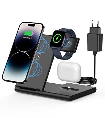 3 in 1 Caricatore Wireless per iPhone 11/12/13/14/XS/X/8 serie, Apple Watch Ultra/8/7/6/SE/5/4/3/2 casa/viaggio/ufficio ricarica wireless