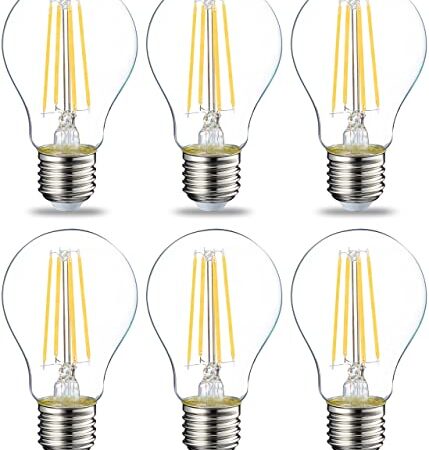 Amazon Basics - Confezione da 6 lampadine a LED, con attacco Edison E27, piccole, da 7 W (equivalenti a 60 W), con filamento in vetro trasparente, non dimmerabili