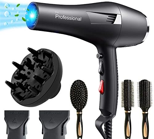 Asciugacapelli Professionale con Ioni 2400W,Rapida Salon Phon per Capelli con 1 diffusore 2 ugelli styling,2 Velocità 3 Impostazione di Calore,Phon forte per Famiglia, Salone, Parrucchieri