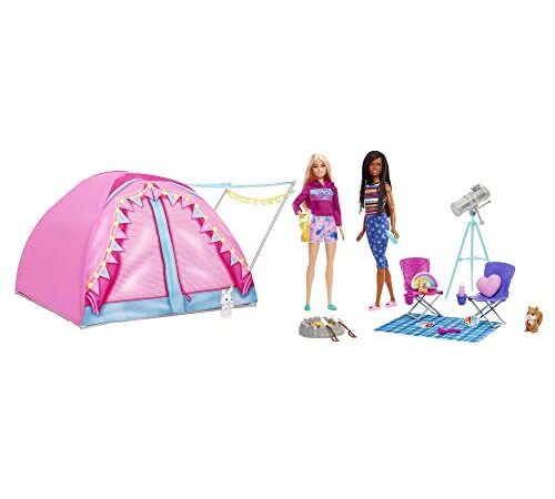 Barbie Barbie Siamo in Due Playset Campeggio con tenda, 2 bambole Barbie e 20 pezzi inclusi animali, telescopio e accessori, Giocattolo per Bambini 3+ Anni, HGC18