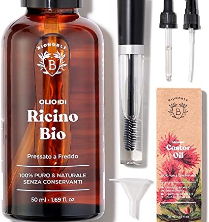 Bionoble Olio di Ricino Biologico 50ml - 100% Puro, Naturale e Pressato a Freddo - Ciglia, Sopracciglia, Capelli, Barba, Unghie - Vegan Castor Oil - Bottiglia di Vetro + Pipetta + Pompa + Kit Mascara