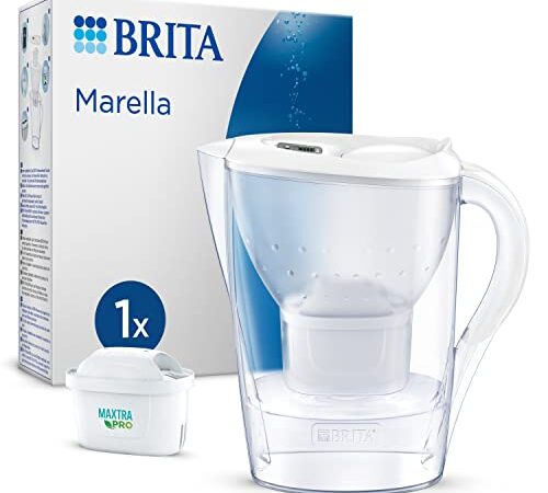 Brita Caraffa Filtrante Marella Bianca (2.4L) incl. 1 Filtro MAXTRA PRO All-in-1, Adatta alla Porta del Frigorifero con Memo Digitale e Coperchio Ribaltabile, ora in Confezione Smart Box Sostenibile