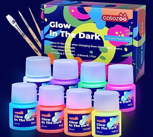 colozoo Set di colori acrilici fosforescenti 8x20ml di colori luminosi +3 pennelli | I colori acrilici che brillano al buio sono durevoli su qualsiasi superficie |Colori fluorescenti autoilluminanti