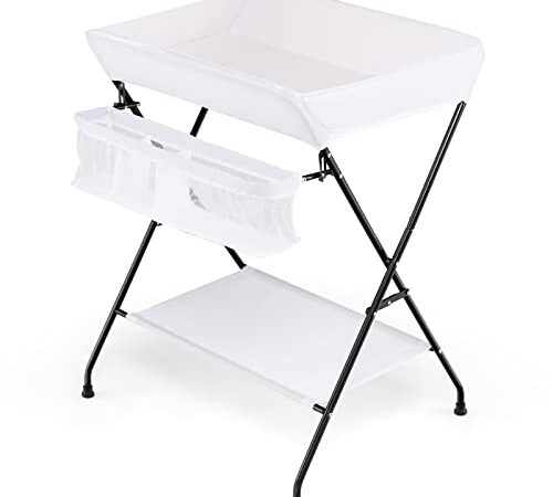 COSTWAY Fasciatoio Pieghevole, Fasciatoio Portatile da Viaggio, 80x67x103 cm, Bagnetto Fasciatoio Neonato con Organizer e Ripiano, 0-12 Mesi (Bianco)