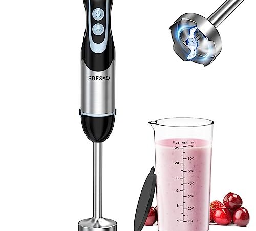 FRESKO Frullatore a immersione 1000 Watt in acciaio inox, minipimer immersione Regolazione a 12 velocità, Tasto turbo, Misurino da 700ml, senza BPA